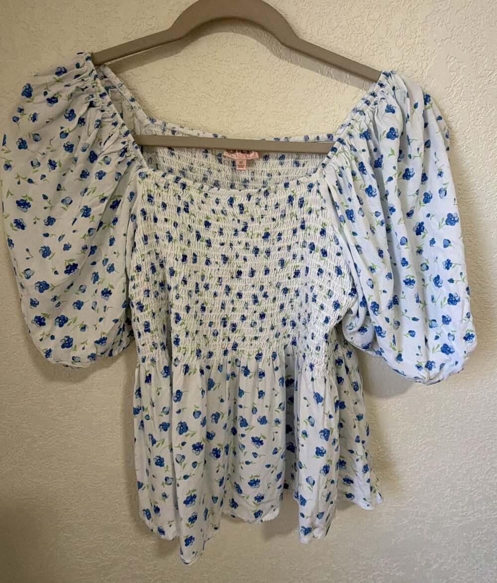 Dizzire Smocked Puff Sleeve Floral Blouse Size M Blue White Top